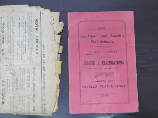 Miss Jessie Nelson, Editor, Tuakitoto and Lovell's Flat Schools. Official Report of the Jubilee Celebrations 1927, Combined with Lovells Flat History, Jubilee Committee, Bruce Herald, Milton [1927], Otago, Dead Souls Bookshop, Dunedin Book Shop