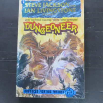 Steve Jackson, Ian Livingstone, Dungeoneer, Advanced Fighting Fantasy, Illustrated by John Sibbick, Puffin, London, 1989 reprint, 394 pages illustrated,+ 12 pages of adventure sheets to rear, 20 cm x 13 cm, Fantasy, Fighting Fantasy, Dead Souls Bookshop, Dunedin Book Shop