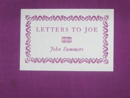 John Summers, Letters To Joe, The Nag's Head Press, Christchurch, New Zealand Poetry, New Zealand Literature, Dead Souls Bookshop, Dunedin Book Shop