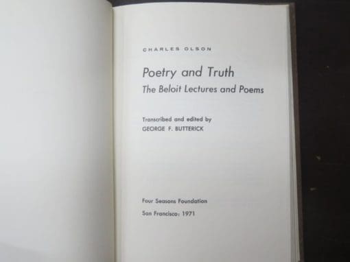 Charles Olson, Poetry And Truth, Lectures, Four Seasons Foundation, San Francisco, Literature, Philosophy, Poetry, Dead Souls Bookshop, Dunedin Book Shop