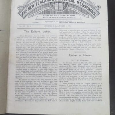 The New Zealand Evangelical Messenger, Vol. III, No.1 - No. 12, 1911 - 1912, Editor, Theodore Arnold, Dunedin, Religion, Dead Souls Bookshop, Dunedin Book Shop