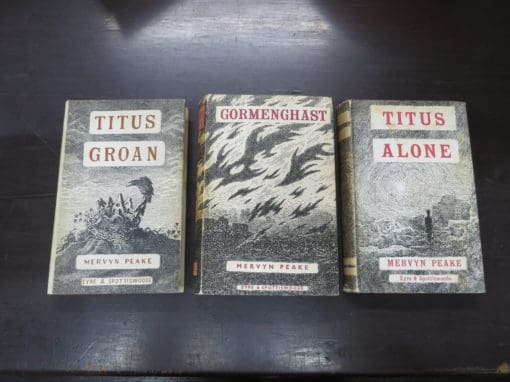 Mervyn Peake, Titus Groan, Gormenghast,  Titus Alone, Eyre and Spottiswoode, London, Titus Groan 1946 (with a second impression dustjacket), Gormenghast, 1951, Titus Alone, 1959, Literature, Dead Souls Bookshop, Dunedin Book Shop