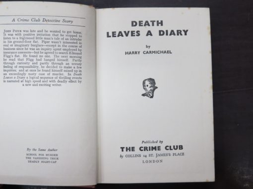 Harry Carmichael, Death Leaves A Diary, Crime Club, Collins, London, 1954, Crime, Mystery, Detection, Dead Souls Bookshop, Dunedin Book Shop