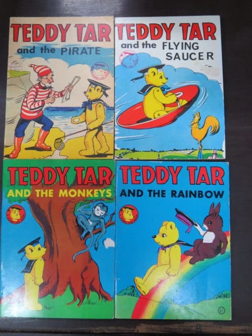 Teddy Tar and the Rainbow, Teddy Tar and the Monkey, Teddy Tar and the Flying Saucer, Teddy Tar and the Pirate, L/ Miller and Co., London, Illustration, Vintage, Dead Souls Bookshop, Dunedin Book Shop