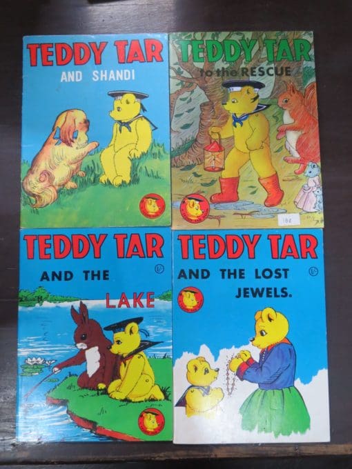 [D. Hall], Teddy Tar and the Lost Jewels, Teddy Tar and Shandi, Teddy Tar and the Lake, Teddy Tar to the Rescue , L/ Miller and Co., London, various dates, 1963, Illustration, Vintage, Dead Souls Bookshop, Dunedin Book Shop