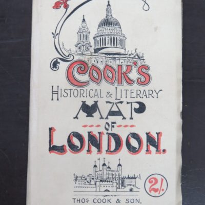 Cook's Historical & Literary Map of London, Embracing Historical And Literary London Landmarks, Reliques of Old London, Some Places And Houses In London Referred To By Dickens, Ancient And Historical Churches By Wren And Others, Derivations Of Names Of Streets In London, Old Taverns, Etc., Thomas Cook & Son., Ludgate, London, 1899, pictorial cloth covers, 96 page booklet + linen backed fold out map, 18 cm x 11.5 cm and dimensions of map 57 cm x 89 cm approximately,  Condition - age-toning, foxing to map, rubbing, foxing, age-toning, soiling to covers and booklet, Antiquarian, History, Dead Souls Bookshop, Dunedin Book Shop