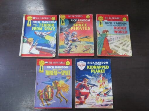 Super Detective Library, All In Pictures, Rick Random x5: no. 137, 127, 163, 153, 143, Illustration, Vintage, Dead Souls Bookshop, Dunedin Book Shop