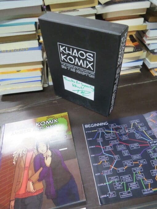 Tab Kimpton, Khaos Komix, The Complete Collection, 4 volume box set, Khaos, UK, 2013-2014, mostly second printings, 4 paperbacks, 68 pages, 87 pages, 71 pages, 109 pages, illustrated + folded broadsheet flowchart + signed certificate of being "Kreature of Khaos" and flat-signed on slipcase by the author, 24 cm x 19 cm  each volume, Literature, Illustration, Graphic Novel, Dead Souls Bookshop, Dunedin Book Shop